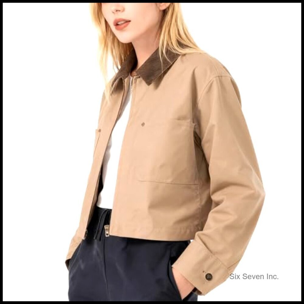 Cropped Bomber Jacket Corduroy Collar Lightweight Utility Zip Up Workwear Chic - Picture 4 of 7